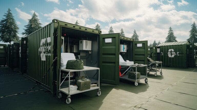 A row of green metal shipping container boxes set up as a field hospital, used in disaster relief and recovery.