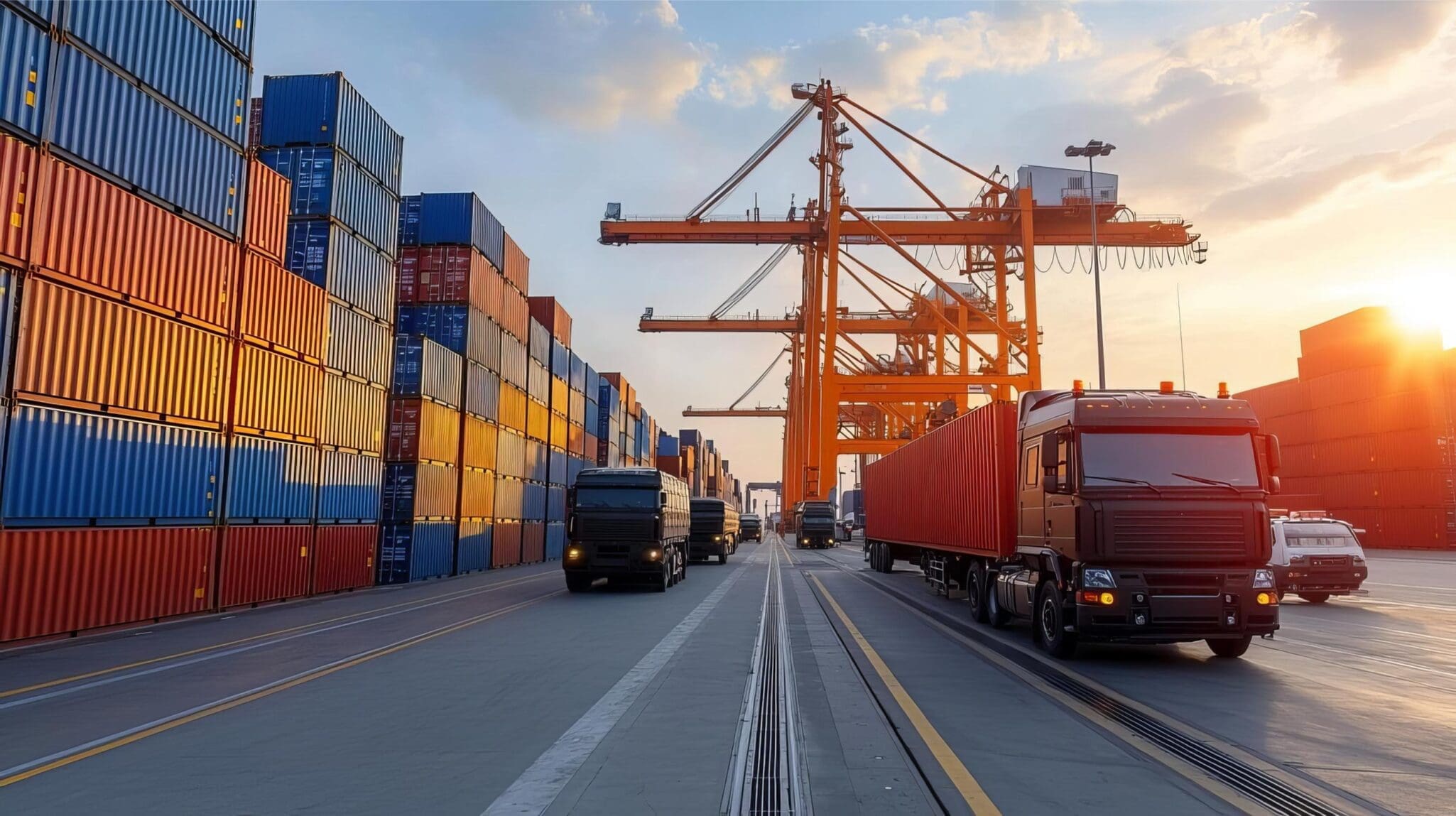 Container terminal with rows of colorful shipping containers, cranes, and semi-trucks at sunset