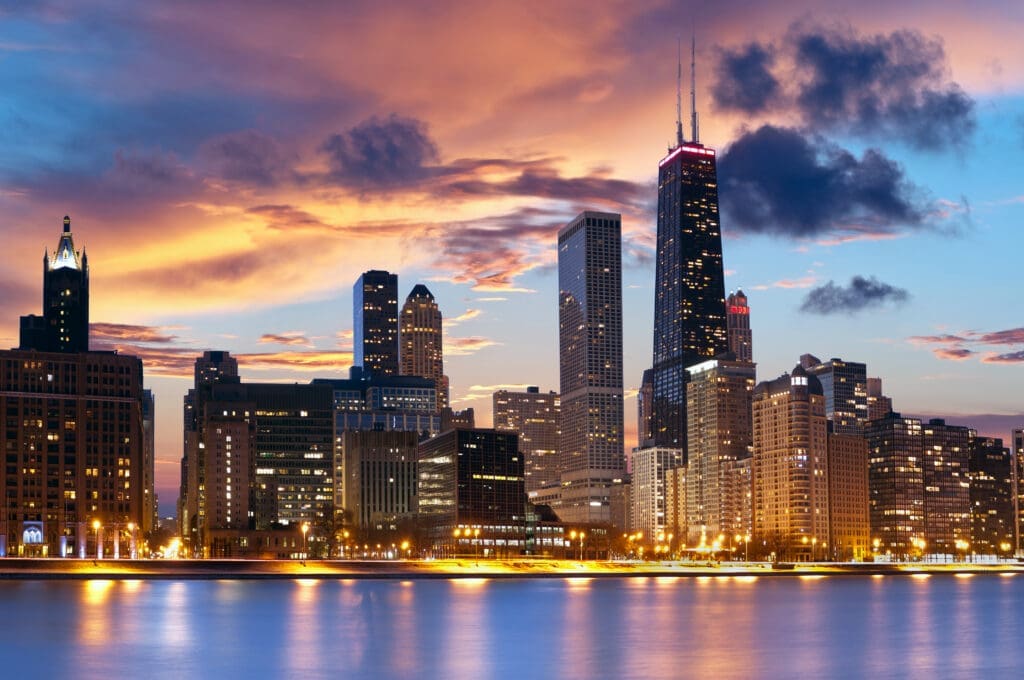 Chicago skyline view with iconic skyscrapers – urban cityscape at sunset