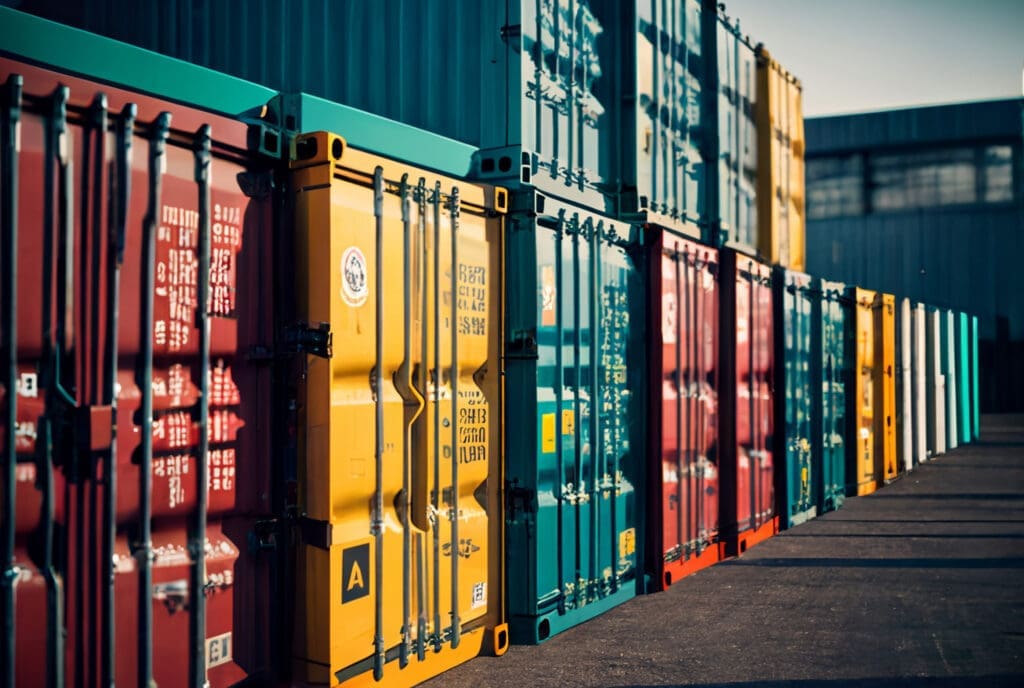 Stacked and side-by-side conex boxes and shipping containers painted with colorful fictitious symbols