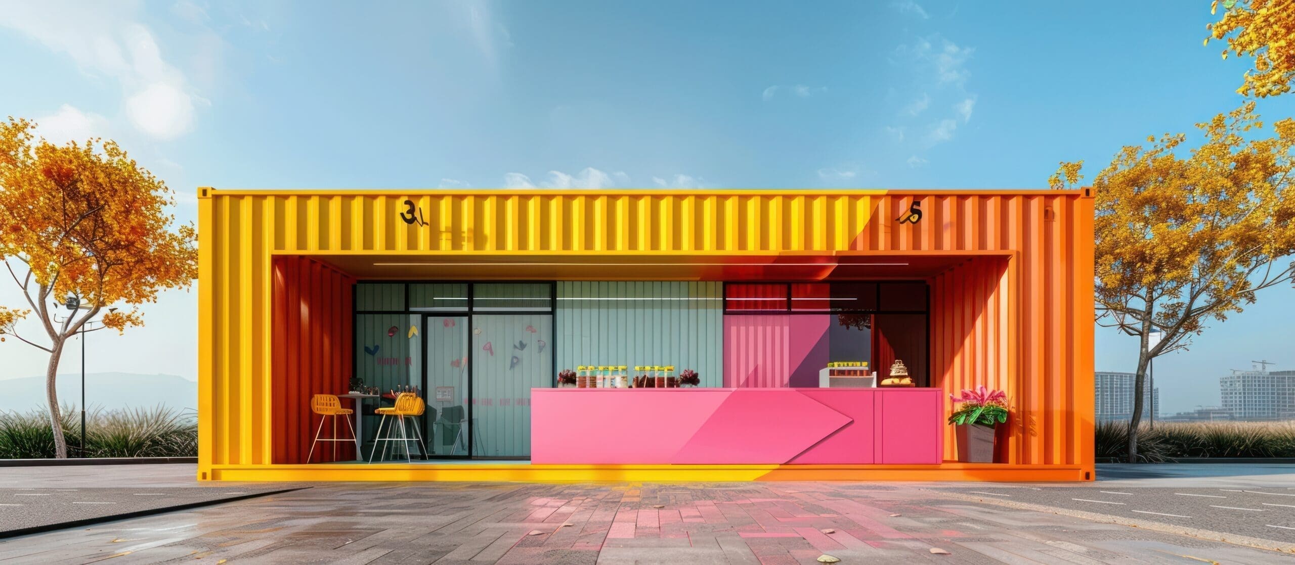 Colorful modular building exterior for commercial or exhibition use – modern industrial-style architecture with contemporary facade design