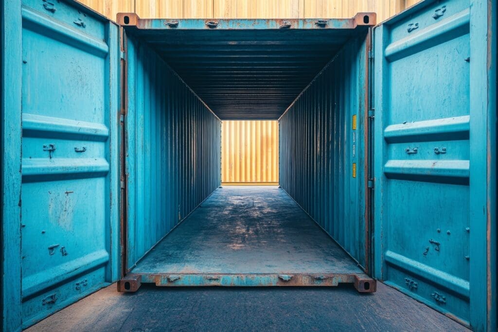 Double door tunnel shipping container with open ends for dual access on both ends of the shipping container.