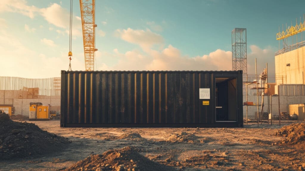 Construction job site storage shipping containers to protect equipment and materials.