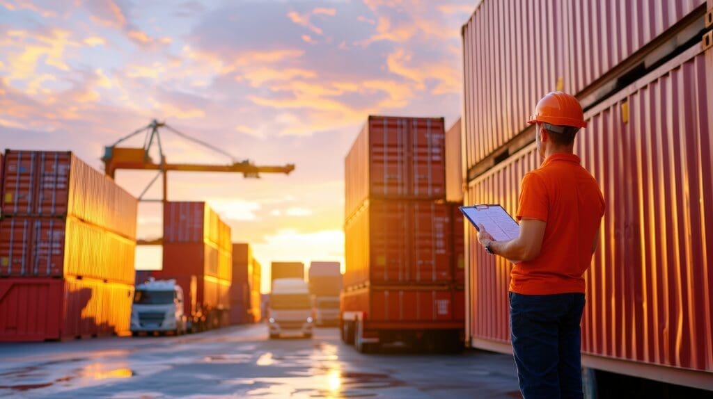 Worker inspecting shipping containers at sunset in busy logistics hub with cranes and trucks – cargo management and warehouse scheduling in action