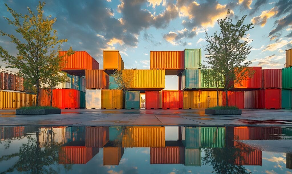 Artistic urban landscape with stacked colorful shipping containers, water reflection, and natural framing from trees under a partly cloudy sk