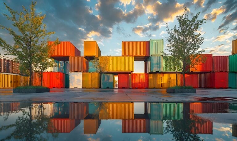 Artistic urban landscape with stacked colorful shipping containers, water reflection, and natural framing from trees under a partly cloudy sk