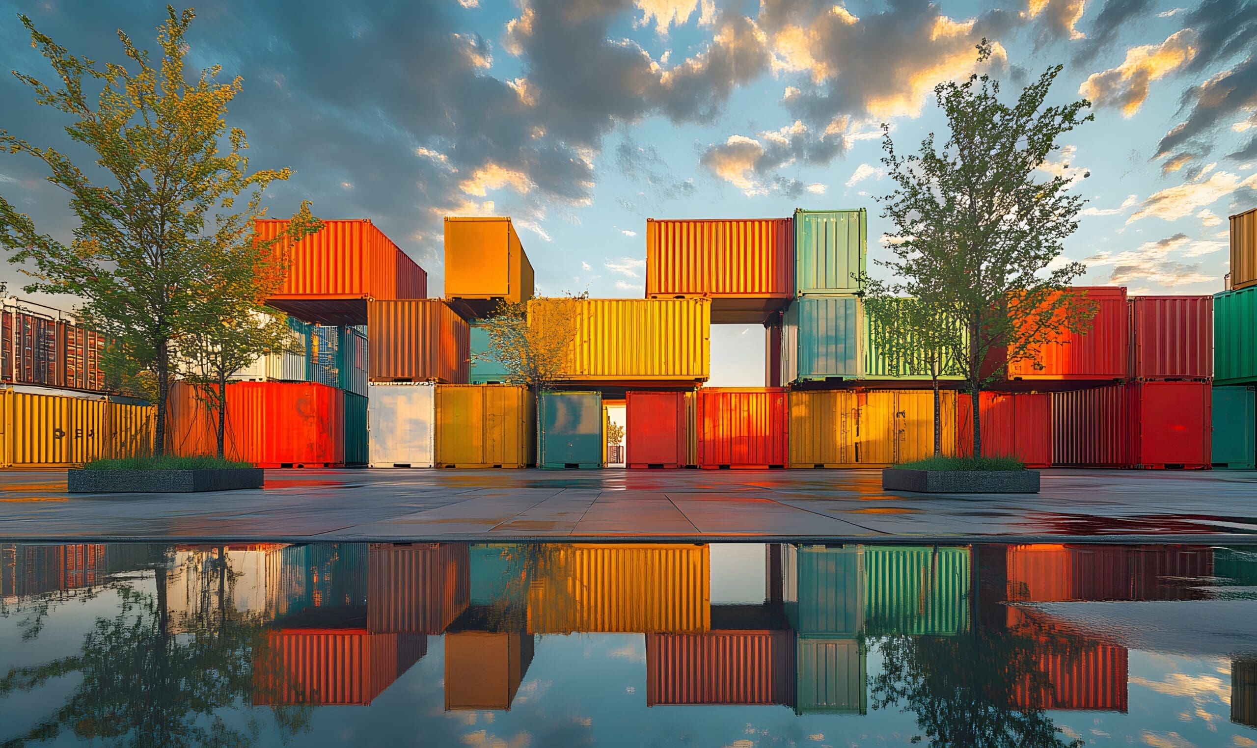 Artistic urban landscape with stacked colorful shipping containers painted and modified, water reflection, and natural framing from trees under a partly cloudy sky.
