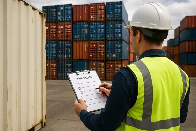 Worker inspecting shipping containers outdoors – visual safety check of used Conex boxes by Container Sales Group