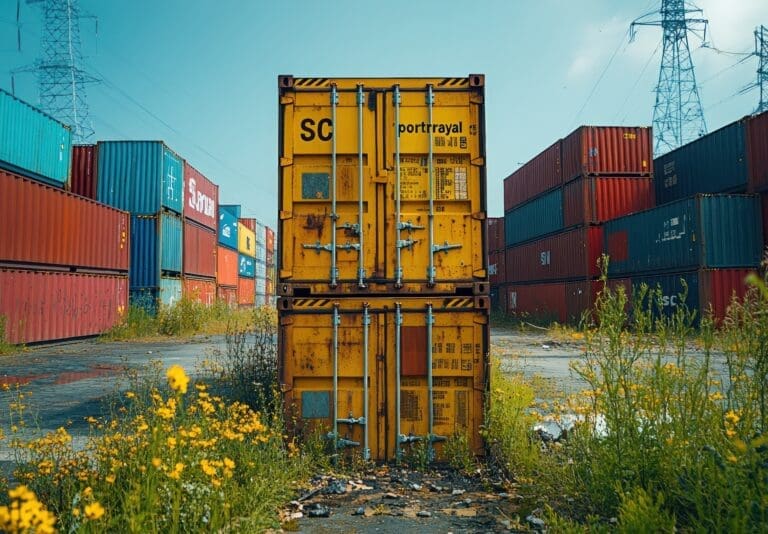 Stacked Shipping Containers in Industrial Area.