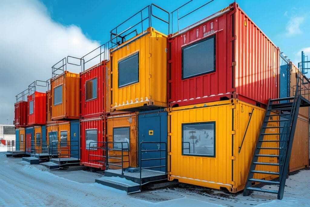 Modified shipping containers converted into housing units with windows and doors for residential or workforce living.