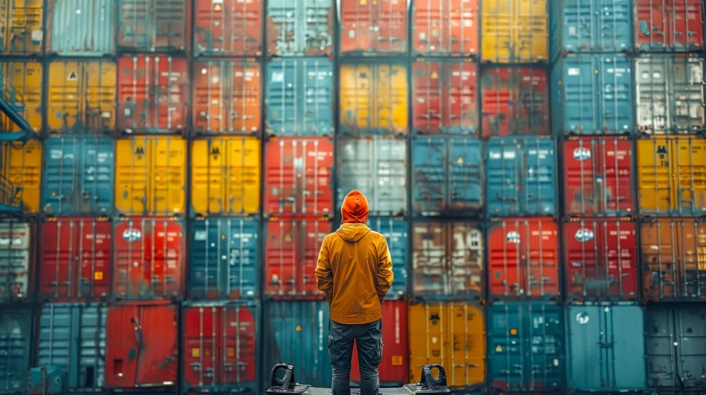 Guy Looking at a stack of colorful used wind and water tight shipping containers for sale.