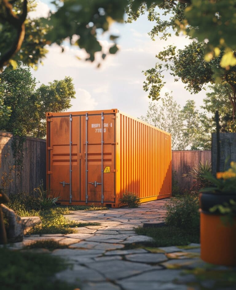 Tightly tucked away, any 40 ft. shipping delivered in back yard. orange in color, wind and water tight