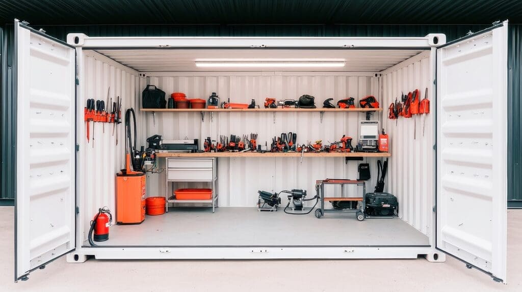 Work space made out of 40ft New boxes with steel interior walls, marine-grade wood floor and lockable doors