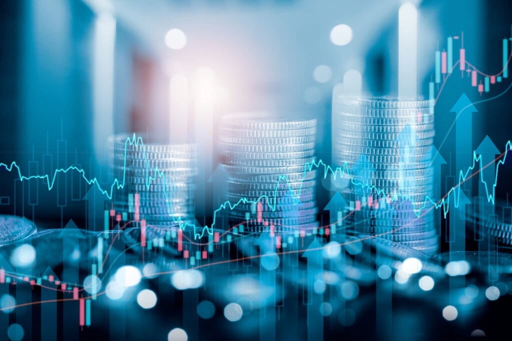 Risk vs. benefit image- trend, coin stack in background, investing mutual funds, financial risk management, debt ceiling, Quantitative Easing, effect inflation, interest