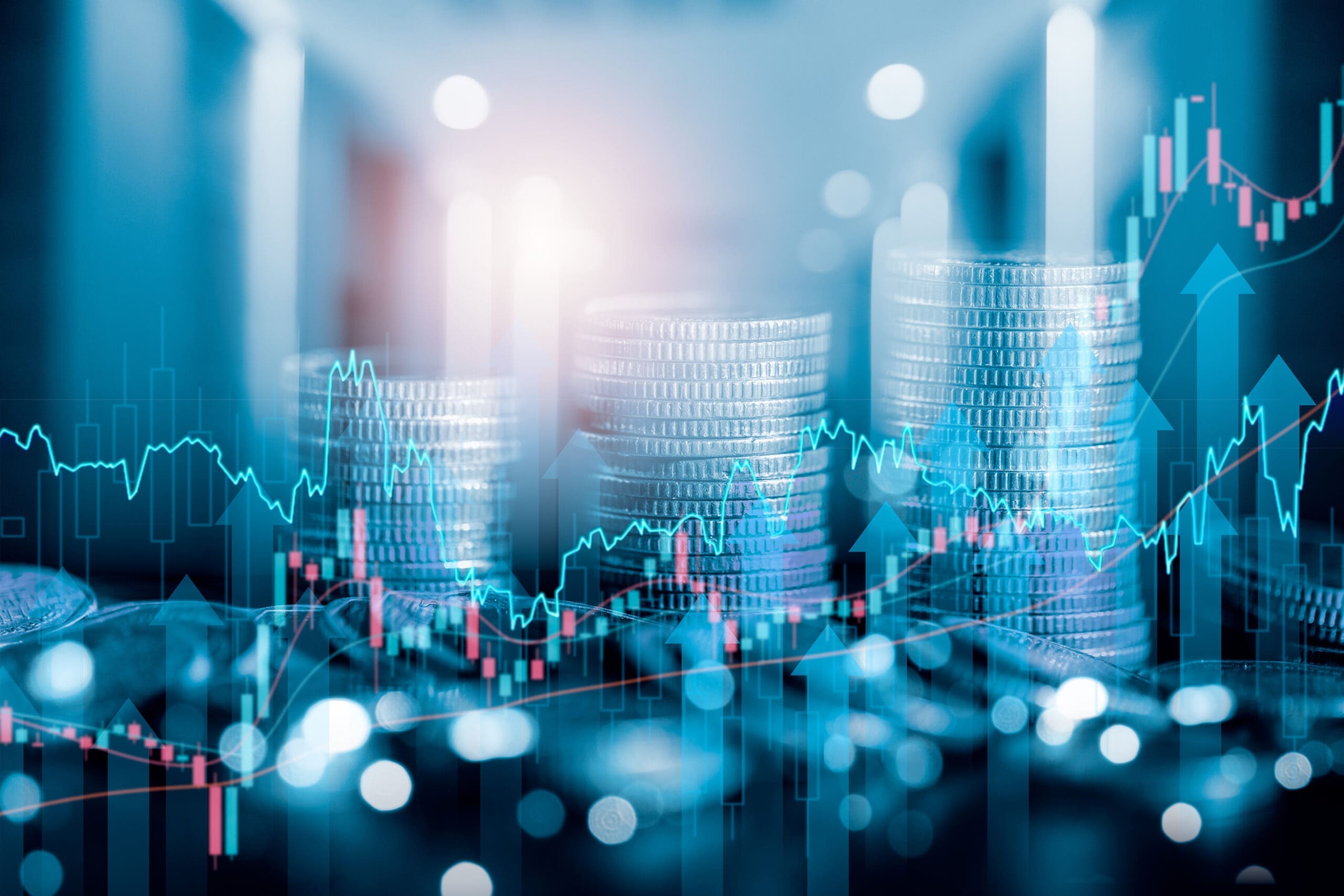 Risk vs. benefit image- trend, coin stack in background, investing mutual funds, financial risk management, debt ceiling, Quantitative Easing, effect inflation, interest
